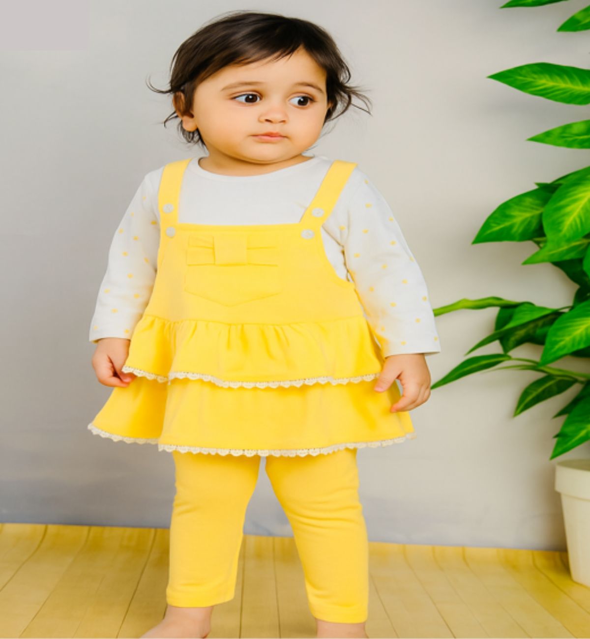 Baby Girl PC Lycra Jersey Dress Set – Yellow Pinafore with Leggings - Azlan Mall