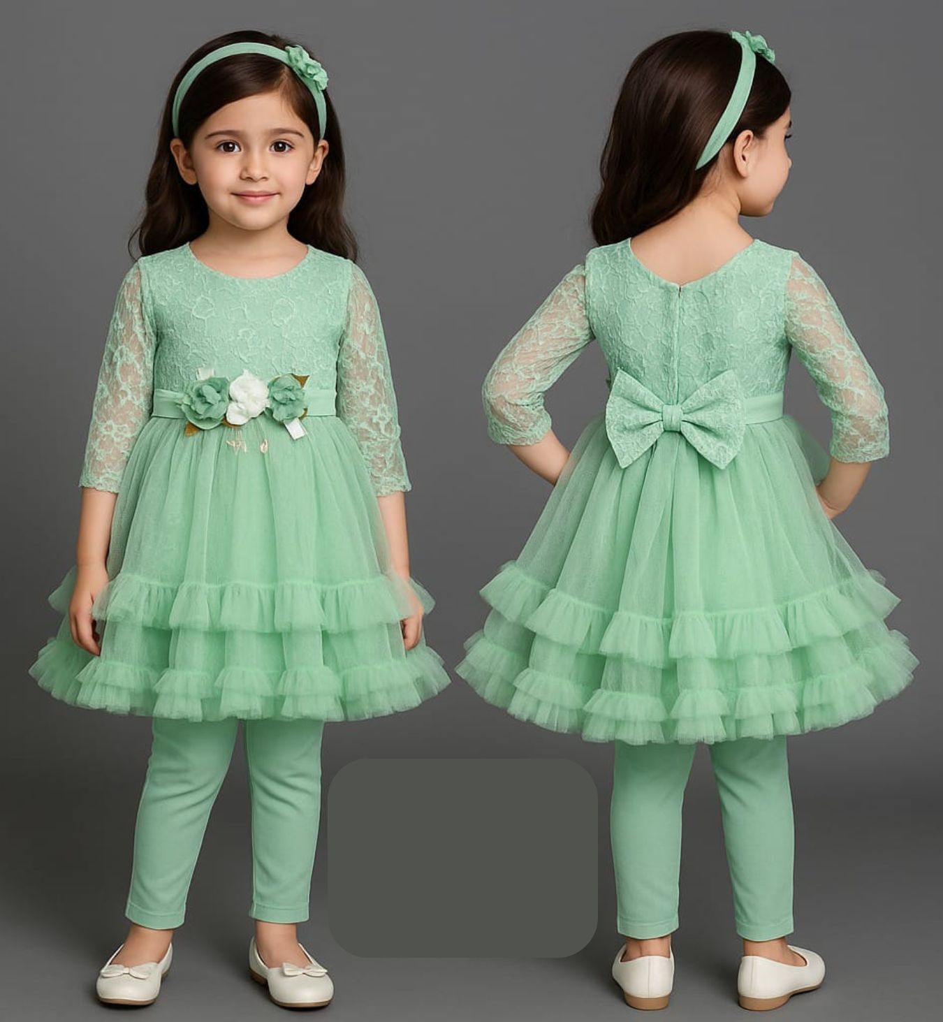 Elegant Mint Green Lace & Tulle Party Dress with Floral Waist and Bow Back - Azlan Mall