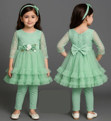 Elegant Mint Green Lace & Tulle Party Dress with Floral Waist and Bow Back - Azlan Mall