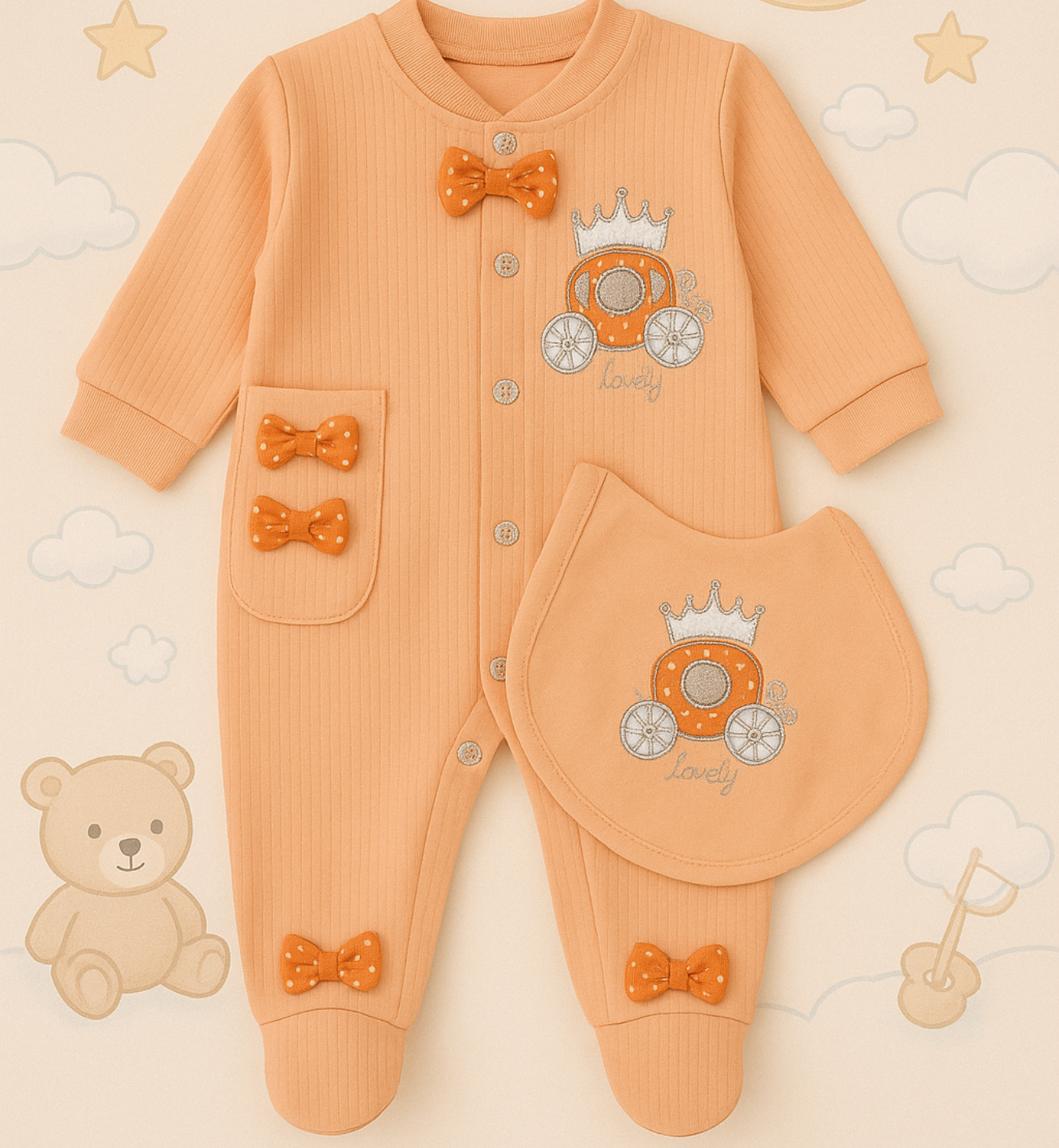Zero Size Soft Peach Baby Romper Set with Cap – Carriage Embroidery & Bow Details - Azlan Mall