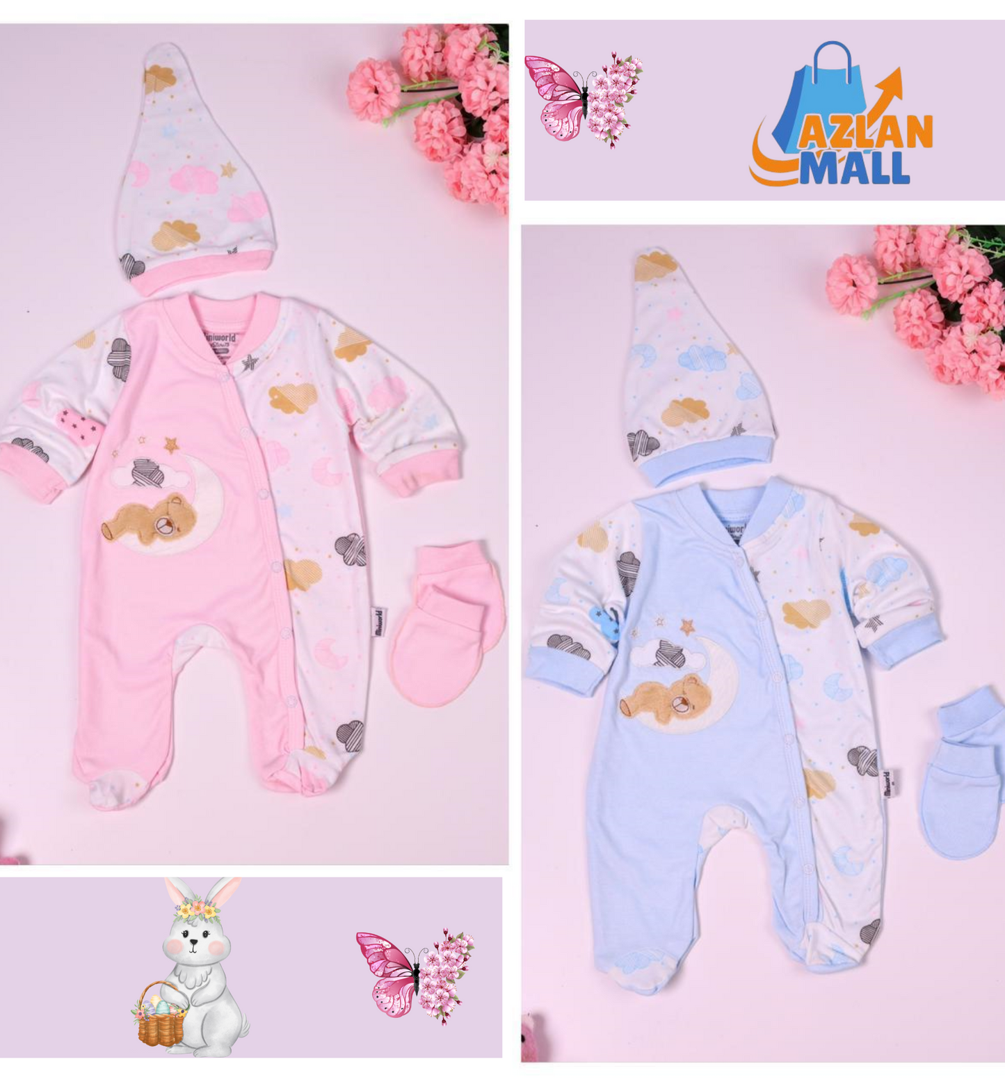 Fancy Newborn Romper Set with Cap & Mittens | Azlan Mall | - Azlan Mall