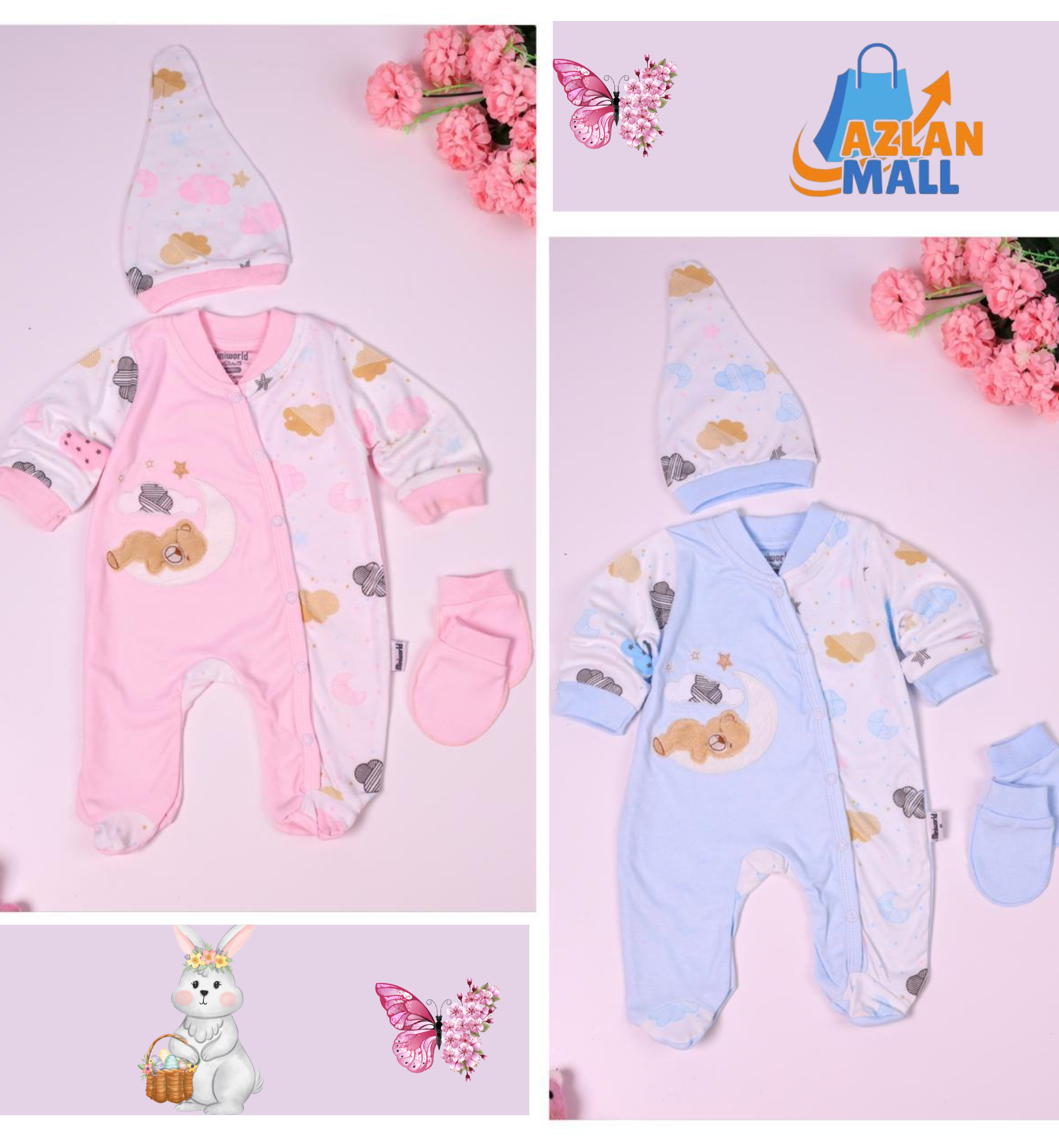 Cozy Newborn Romper Set with Cap & Mittens | Azlan Mall | Sizes 0/1/2 - Azlan Mall