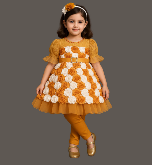 Stylish Mustard &amp; White Floral Party Wear Dress with Leggings for Girls – Elegant Kids Outfit