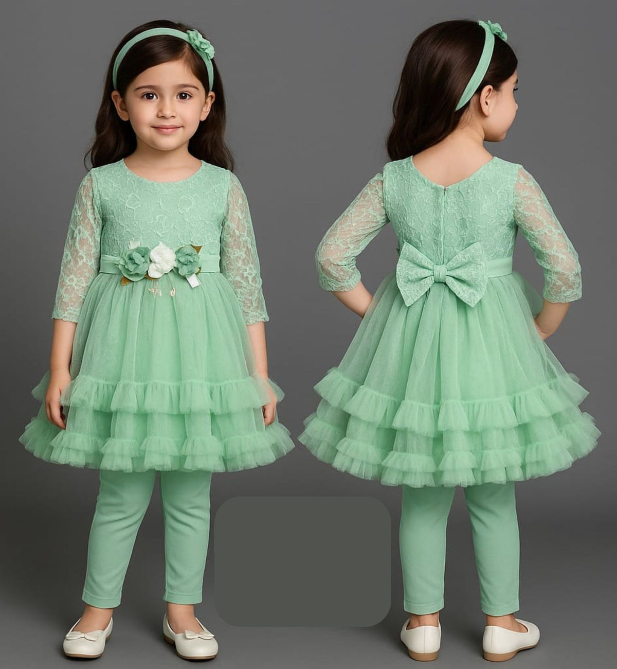 Elegant Mint Green Lace & Tulle Party Dress with Floral Waist and Bow Back - Azlan Mall