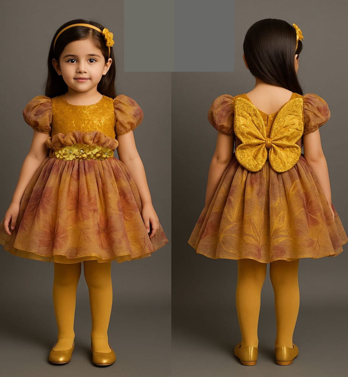 Elegant Puff-Sleeve Party Dress with Floral Waist and Bow Back – Available in Emerald Green & Golden Mustard - Azlan Mall