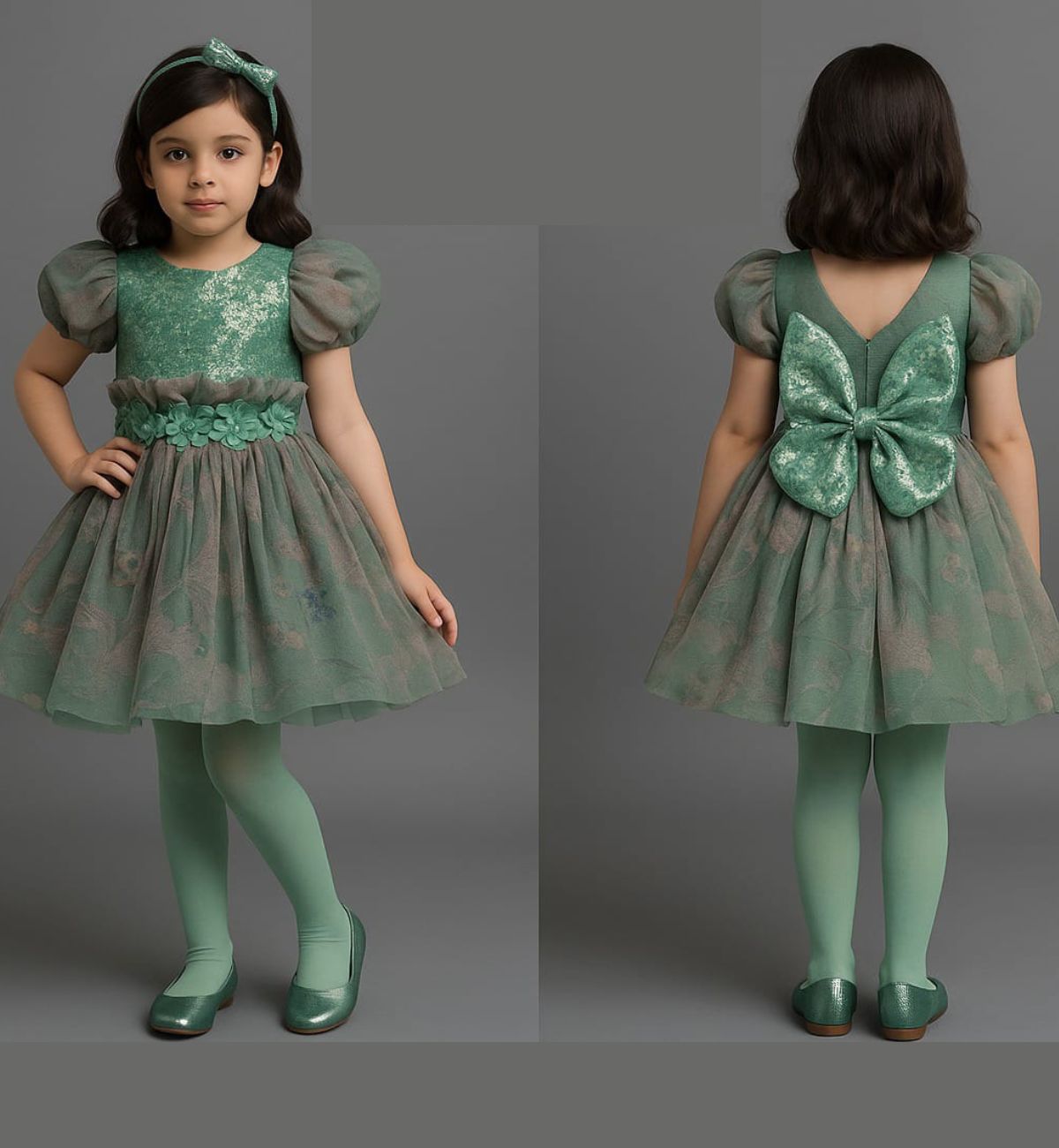 Elegant Puff-Sleeve Party Dress with Floral Waist and Bow Back – Available in Emerald Green & Golden Mustard - Azlan Mall