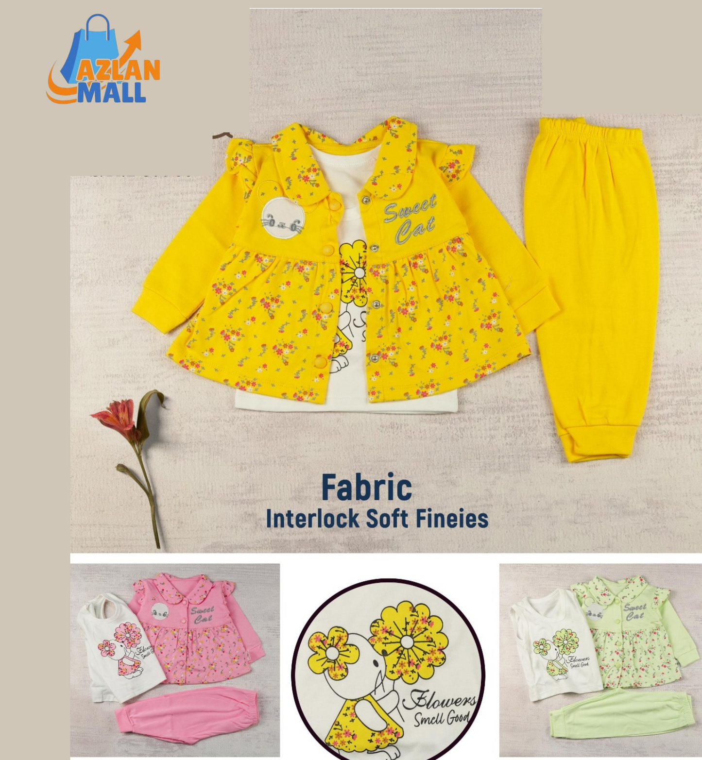 Sweet Cat Floral Baby Girl Suit – Soft Interlock Cotton - Azlan Mall