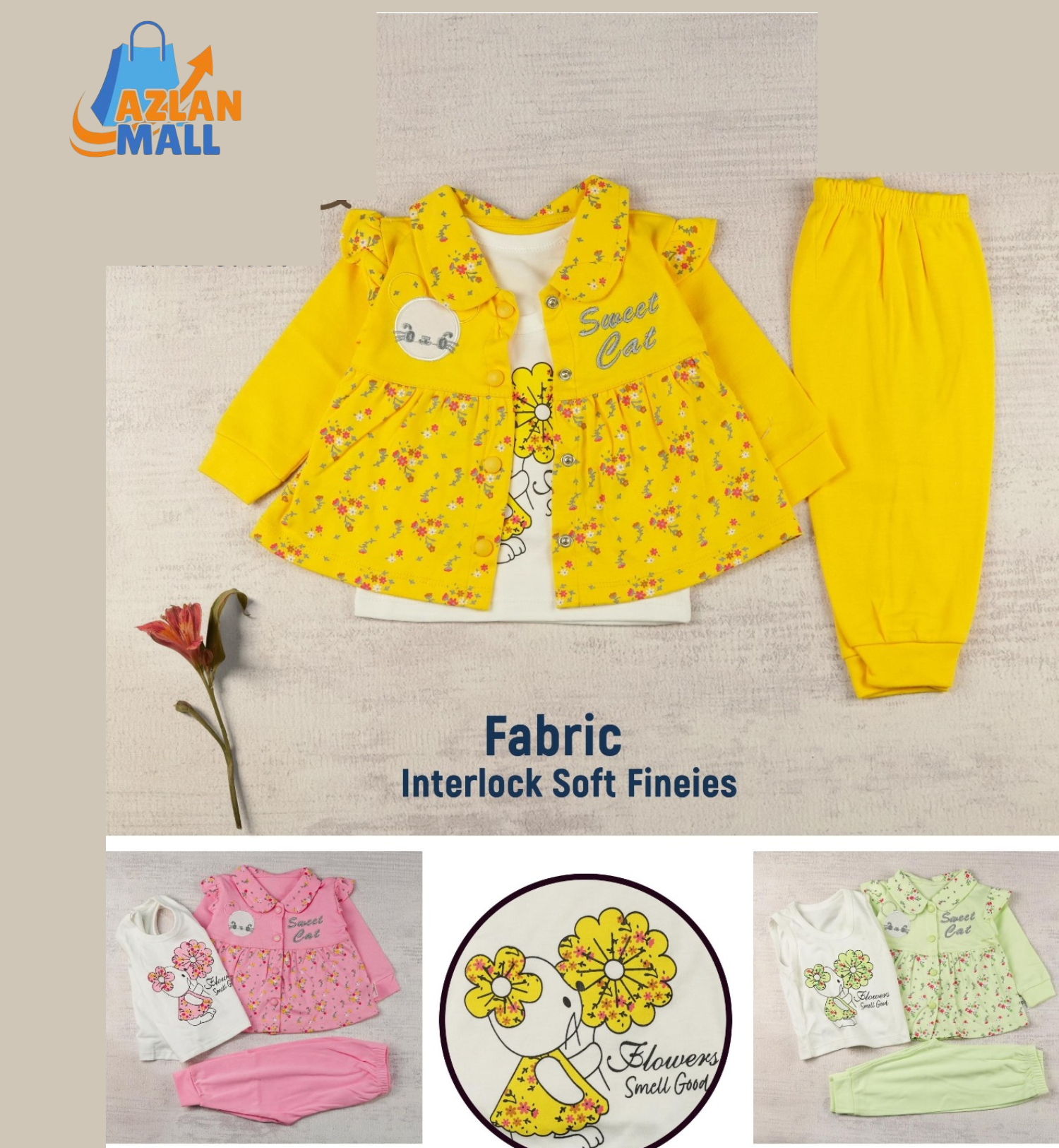 Sweet Cat Floral Baby Girl Suit – Soft Interlock Cotton - Azlan Mall