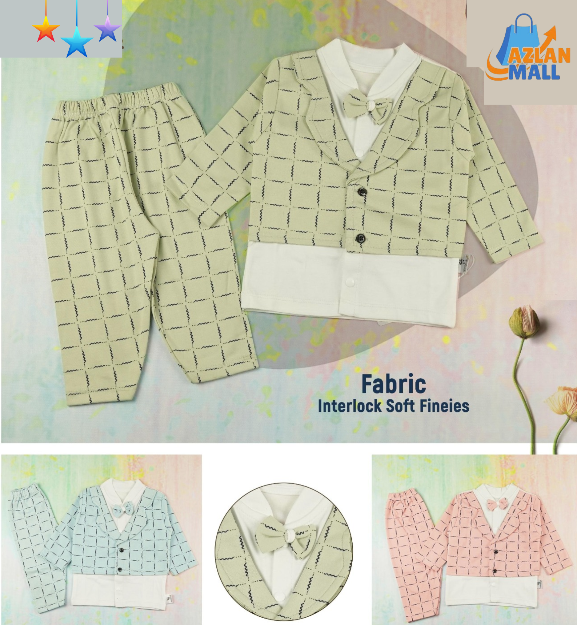 Adorable 3-Piece Baby Outfit Set with Waistcoat & Bow Tie | Interlock Fineies Fabric - Azlan Mall